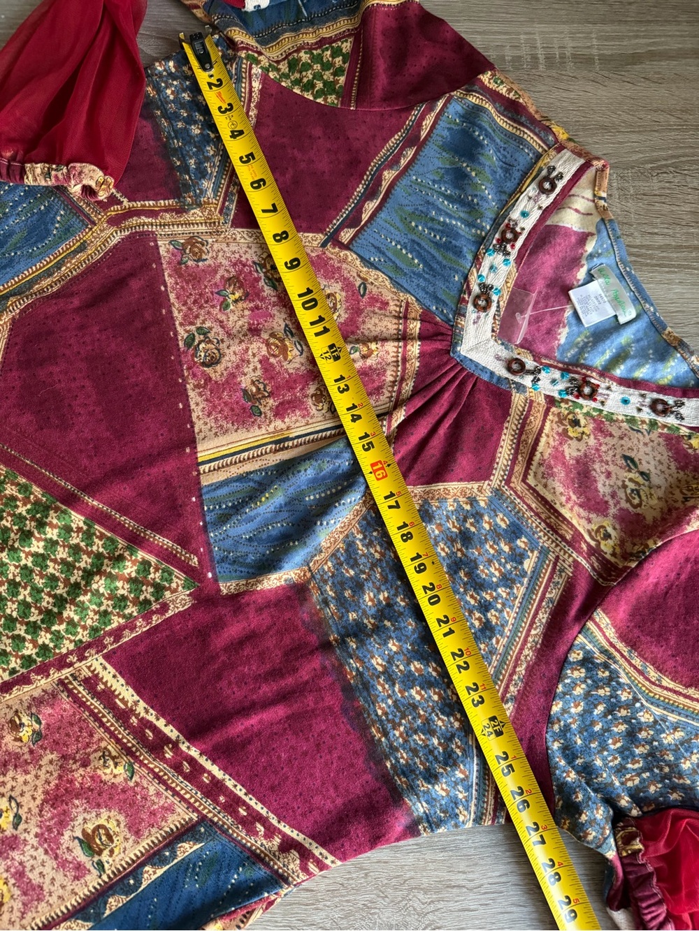 Ulla Popken Boho Patchwork Relaxed Fit V-Neck Tunic Burgundy Multi Size 20/22 - Picture 12 of 13